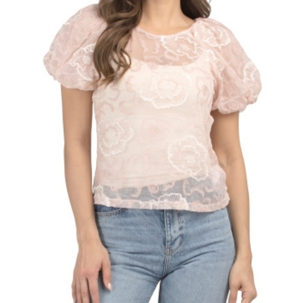 NWT - Laundry by Shelli Segal Blush Embroidered Puff Sleeve Mesh - Size L